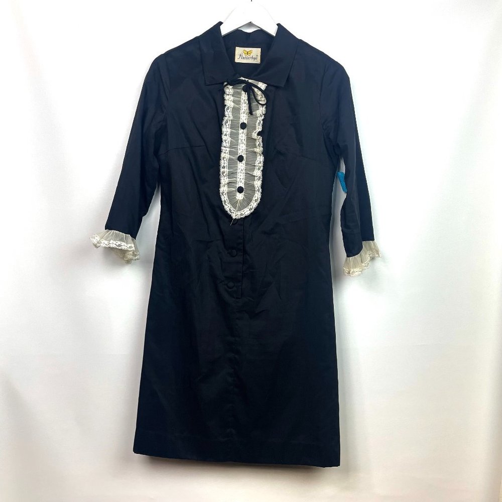 VTG 60s Black 3/4 Sleeve Shift Dress Ruffle Lace